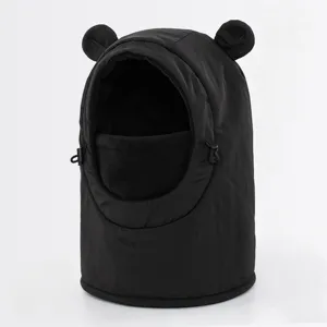 Children winter warm windproof balaclava hat with cute bear ears and fleece lining detail.