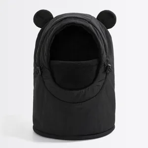Kids black thermal winter balaclava hood with cute bear ears windproof outdoor ski hat detail