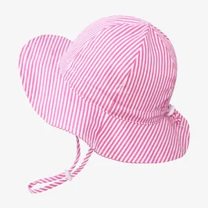 Pink and white striped kids bucket hat with adjustable chin strap for outdoor sunny days.