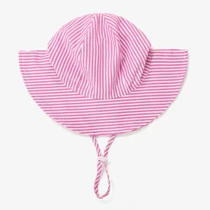 Pink and white striped children sun hat, featuring an adjustable drawstring for outdoor use.