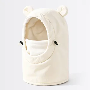 Detailed view of kids thermal windproof balaclava hat in cream white with cute bear ears.
