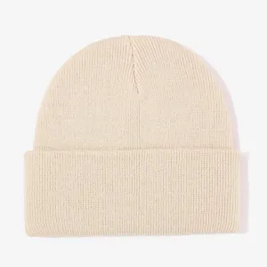 Beige knit beanie winter warm cuffed pull-on hat casual outdoor headwear detail view.