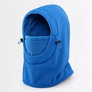 Blauwe winddichte thermische fleece ski muts, winter outdoor fiets gezichtsmasker detail.