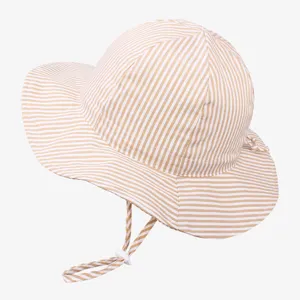 Kids striped bucket hat with adjustable chin strap, cute sun protection outdoor hat for summer.