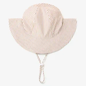 Kids striped sun hat detail, adjustable chin strap, casual summer outdoor headwear.