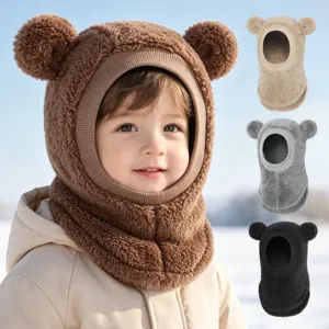 Süße Bärenohren Baby Kapuzenschal Mütze Winter Warm Winddicht Integrierte Kappe Weiche Baumwolle Plüsch Ohrenklappenmütze Für Kleinkinder