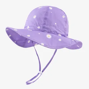 Cute baby sun bucket hat with daisy print, lightweight purple summer hat for toddlers kids.
