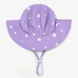 Kids purple daisy bucket hat summer sun protection baby cap adjustable windproof string