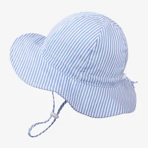 Blue and white striped kids bucket hat detail, adjustable chin strap, soft cotton fabric.