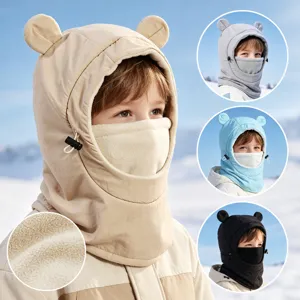 Kids winter warm bear ear hooded balaclava windproof fleece face cover ski hat outdoor