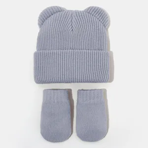 Kinder Winter Strickmütze Bärenohren und Handschuhe Set in Hellblau, kuschelig warme Babymütze