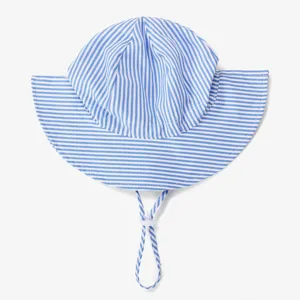 Kids blue white striped sun hat with adjustable chin strap for outdoor summer protection