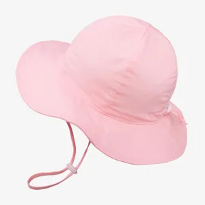 Pink children's bucket hat with adjustable chin strap for outdoor sun protection summer.