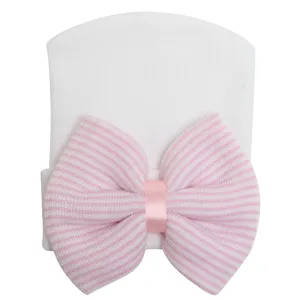 Recién nacido gorro de punto blanco con bonito lazo rayado rosa, gorro suave de algodón para bebé.
