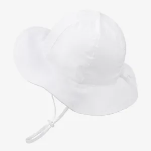 Detail shot of white kids sun hat with adjustable chin strap for outdoor sun protection.
