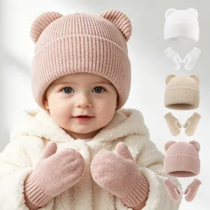 Baby Winter Strickmütze Und Handschuhe Set Bärenohren Beanie Warm Winddicht Säugling Kleinkind Outdoor Kaltes Wetter Zubehör