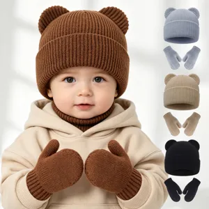 Süßes Baby Winter Strickmütze und Handschuhe Set mit Bärenohren für Jungen und Mädchen Kinder.
