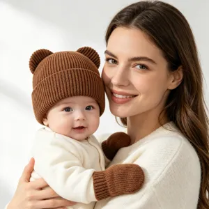 Süße Baby Winter Strickmütze mit Bärenohren und passenden Handschuhen Set für Kinder