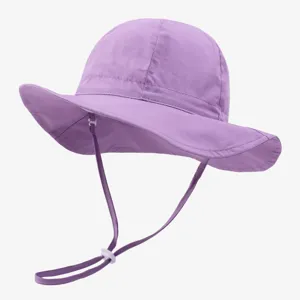 Detailed shot of a purple kids sun hat with adjustable chin strap for outdoor sun protection.