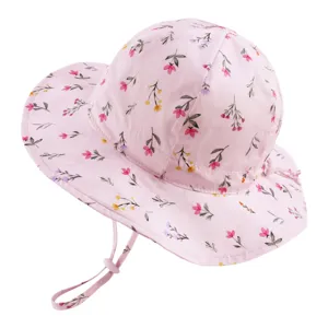 Pink floral baby bucket hat with chin strap, cute sun protection toddler hat for outdoor.