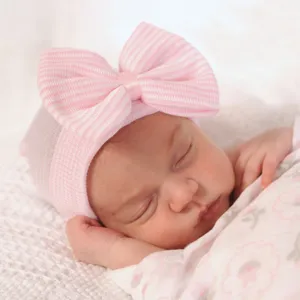 Recién nacido bebé niña lindo sombrero de punto gran lazo rosa rayado gorro bebé