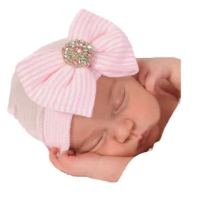 Gorro de punto para recién nacido con gran lazo y broche de diamantes, lindo gorro de bebé primavera.