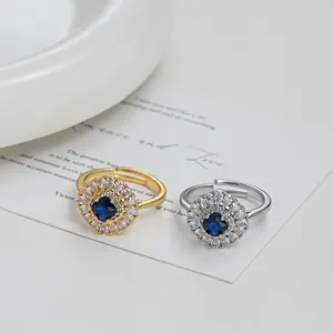 Elegant blue zircon open ring set featuring dazzling micro-inlaid crystals for women.