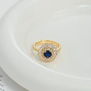 18K Gold Plated Copper Micro Inlaid Zirconia Open Ring For Women Light Luxury Devil's Eye Blue Stone Adjustable Cluster Ring Jewelry
