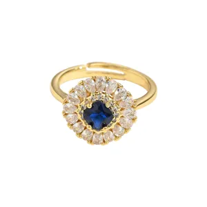 Gold-plated open ring featuring a sparkling blue center stone and crystal cluster.