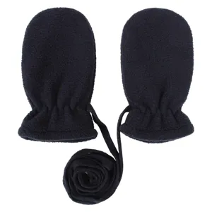 Winter baby fleece mittens with anti-lost neck string, warm black gloves for kids toddlers daily outdoor use.