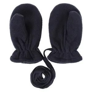 Detailed view of black fleece baby mittens with neck strap for cold winter outdoor warmth.
