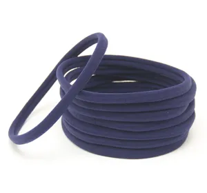 Close-up detail of dark blue seamless elastic hair bands, soft nylon fabric texture.