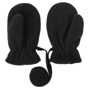 Detailed view of black fleece baby mittens with anti-lost neck strap for autumn winter.