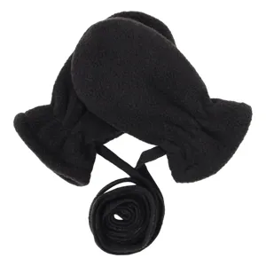 Detailed view of kids black fleece anti-loss mittens with hanging neck strap, warm design.