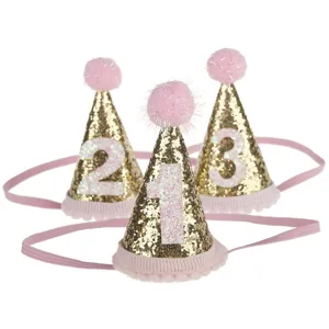 Mini cappello da festa glitterato dorato con ponpon rosa e numeri per compleanno di bambini.