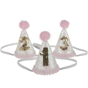 Cappelli compleanno bambini rosa paillettes brillantini cerchietti numeri 1 2 3 foto oggetti