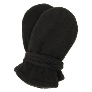 Close-up details of black fleece baby mittens featuring warm hanging neck design for cold weather.