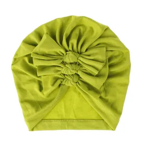 Bright green baby turban hat with a cute triple bow detail, soft knit fabric material.