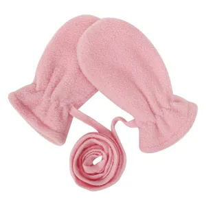 Pink fleece baby mittens with anti-loss neck string, cute winter warm toddler gloves main item.