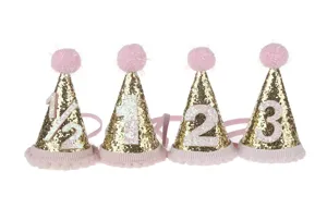 Dettagli che mostrano simpatici cappelli di compleanno glitterati dorati per neonati.