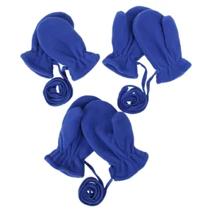 Kids winter warm fleece mittens with anti-lost neck string toddler cozy gloves blue