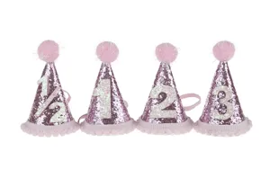 Set di cappelli a cono per festa di compleanno con glitter rosa e numeri per oggetti di scena per bambini.
