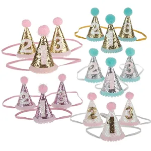 Cappelli da festa di compleanno per bambini con numeri e cerchietti elastici, accessori di glitter.