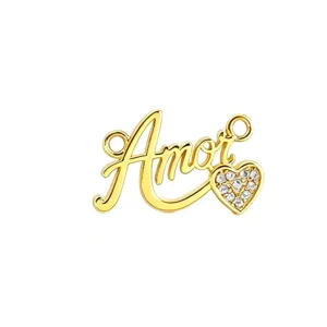 Gold Amor letter charm with pavé zirconia heart, stylish DIY pendant for necklace bracelet.