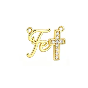 Gold Fe letter cross pendant with sparkling zircon stones for DIY necklace bracelet accessories.