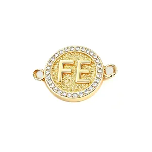 Gold tone round FE letter zircon pendant DIY jewelry connector for bracelet necklace accessory