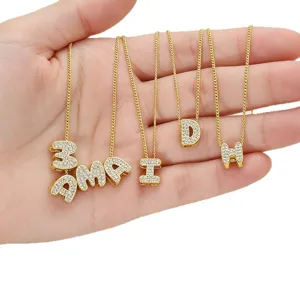 Collana con ciondolo a lettera bolla 3D in oro, gioiello alfabeto personalizzato con strass.