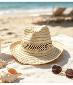 Vue détaillée du chapeau de paille fait main sur la plage, design respirant à large bord.