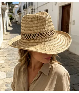 Chapeau de paille fait main design creux large bord respirant vacances plage protection solaire.
