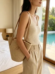 Damen Koreanischer Stil Gewebte Beuteltasche Große Kapazität Minimalistische Schultertasche Für Urlaub Pendeln Strand Handtasche
